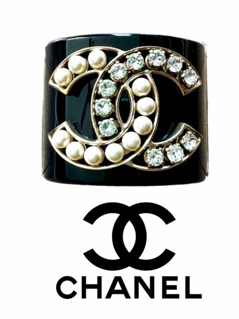 CHANEL Black Resin Crystal and Faux Pearl CC Wide Cuff Bracelet